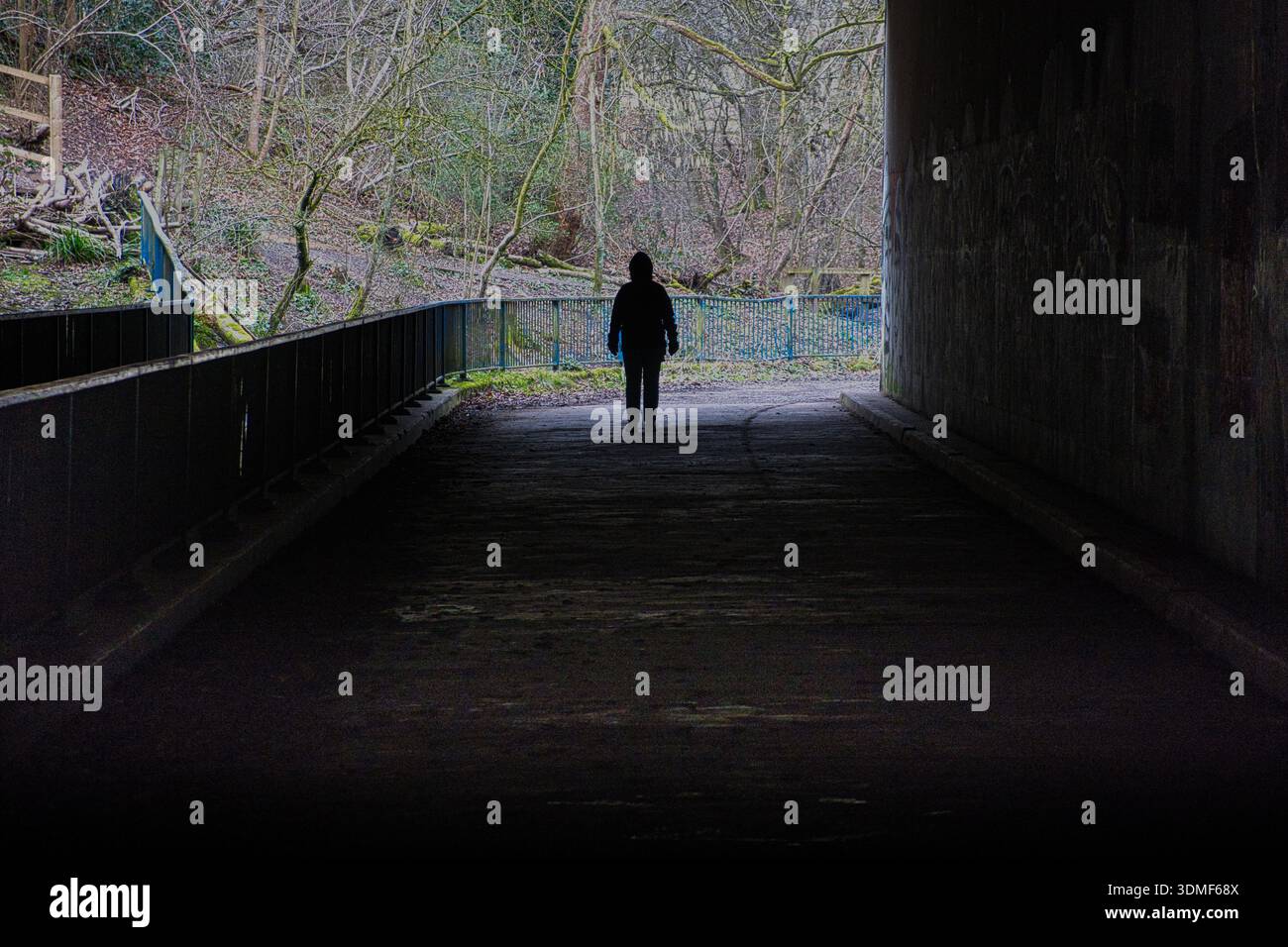Silhouette - figura non identificabile all'uscita di un sottopassaggio autostradale; immagine concettuale che rappresenta speranza, mistero, luce alla fine del tunnel. Foto Stock