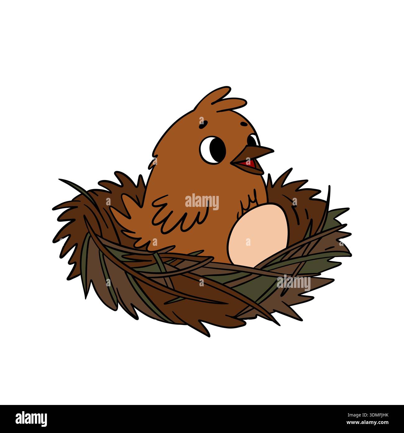 Pollo illustrato disegnato a mano seduto nel suo nido con le uova Foto Stock