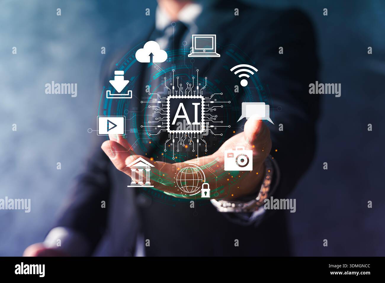 Primo piano di un uomo d'affari che possiede un microchip virtuale di intelligenza artificiale con icone cloud, wifi e dati, simbolo di automazione, apprendimento automatico, sicurezza informatica, cifre Foto Stock
