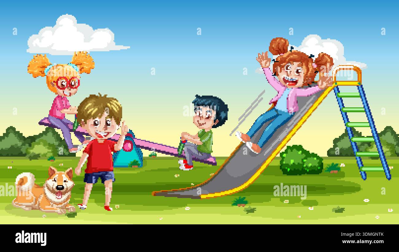 Illustrazione a cartoni animati di bambini diversi che si divertono con le attrezzature del parco giochi su un campo di erba verde brillante Illustrazione Vettoriale