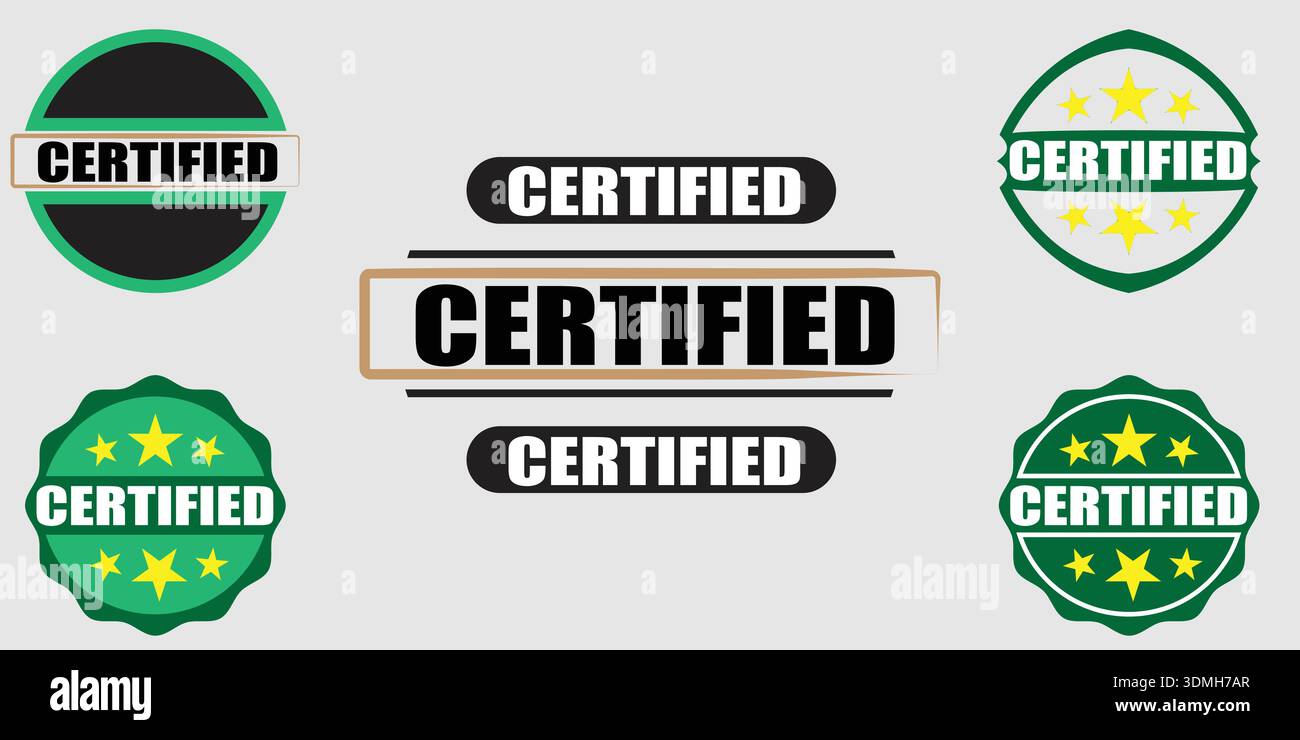 Badge certificati con etichette di testo e simboli a stella. Illustrazione Vettoriale