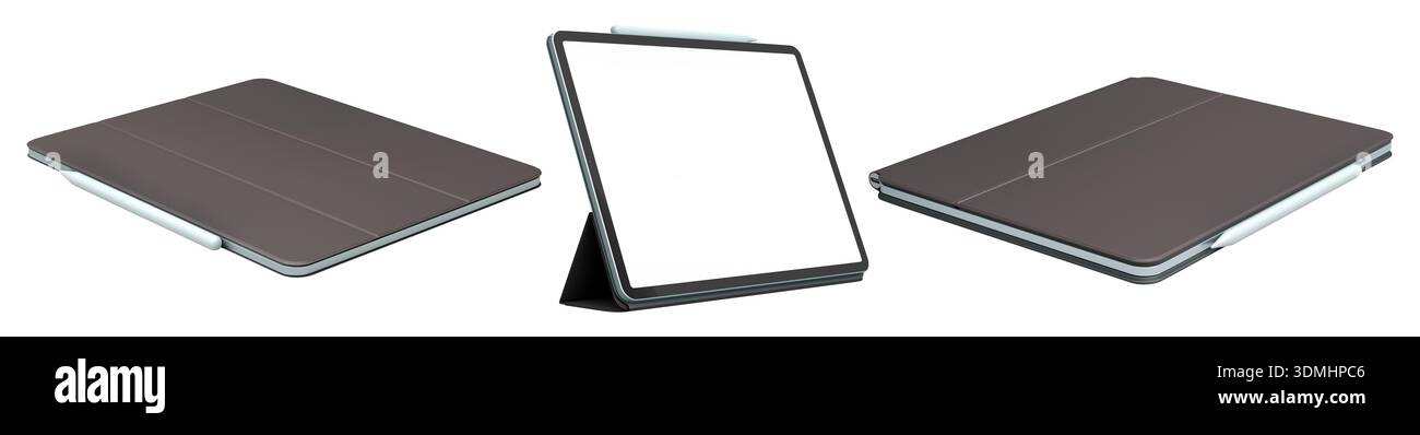 Set di moderni tablet digitali in custodie protettive con schermo vuoto, isolato su sfondo bianco isolato Foto Stock