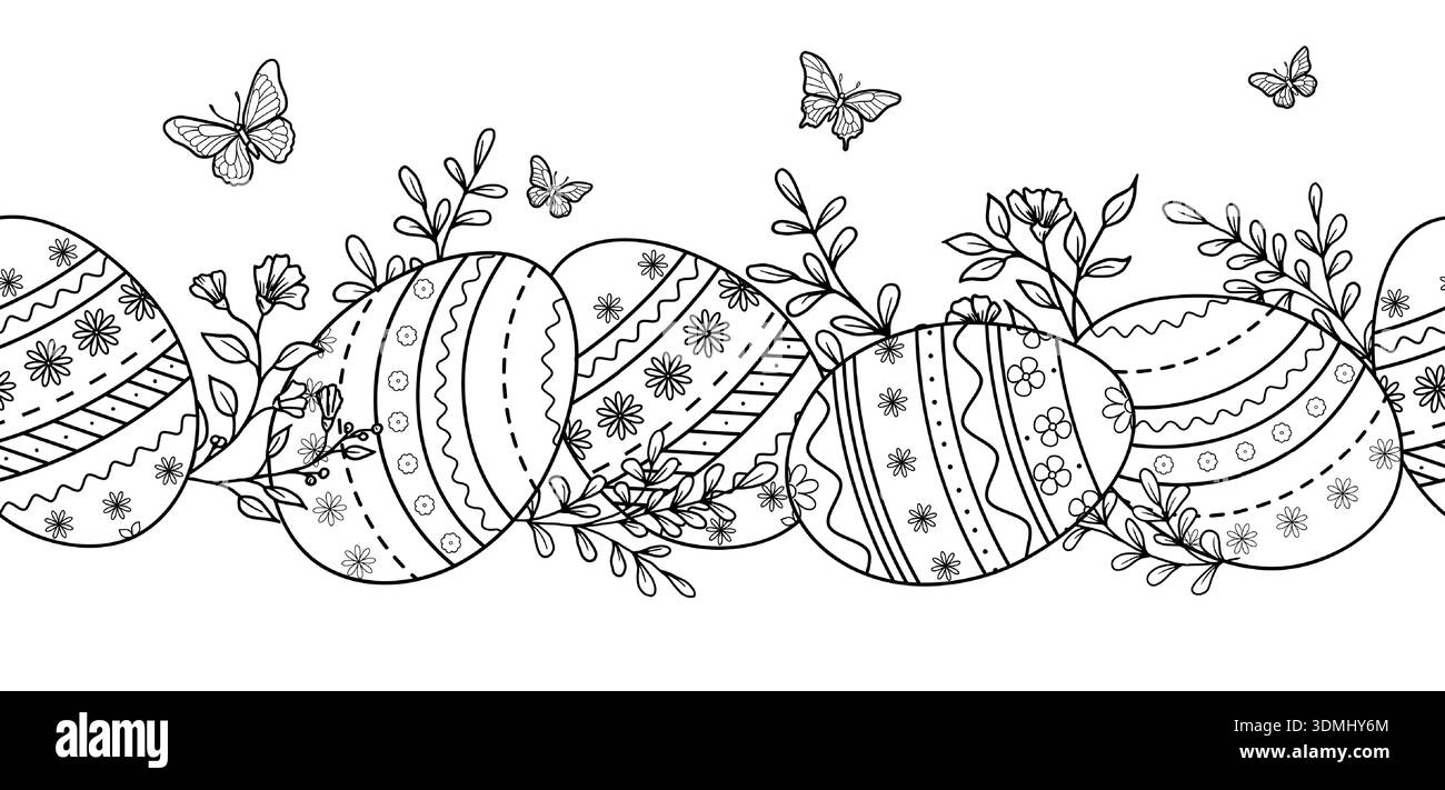 Uova di Pasqua dipinte e ramoscelli primaverili, bordo senza cuciture. illustrazione vettoriale. Farfalle e fiori di prato, schizzi isolati su sfondo bianco Illustrazione Vettoriale