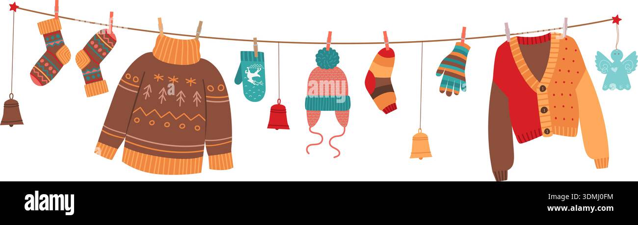 Asciugare gli indumenti invernali appesi alla corda. Abbigliamento per cartoni animati Illustrazione Vettoriale