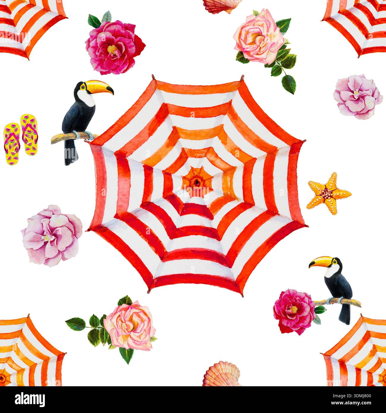 Tendenza stile estivo senza cuciture, motivo di accessori in acquerello Vista dall'alto colorato di ombrello, rose, uccello Toucan, crostacei, stelle marine, scivoli Foto Stock