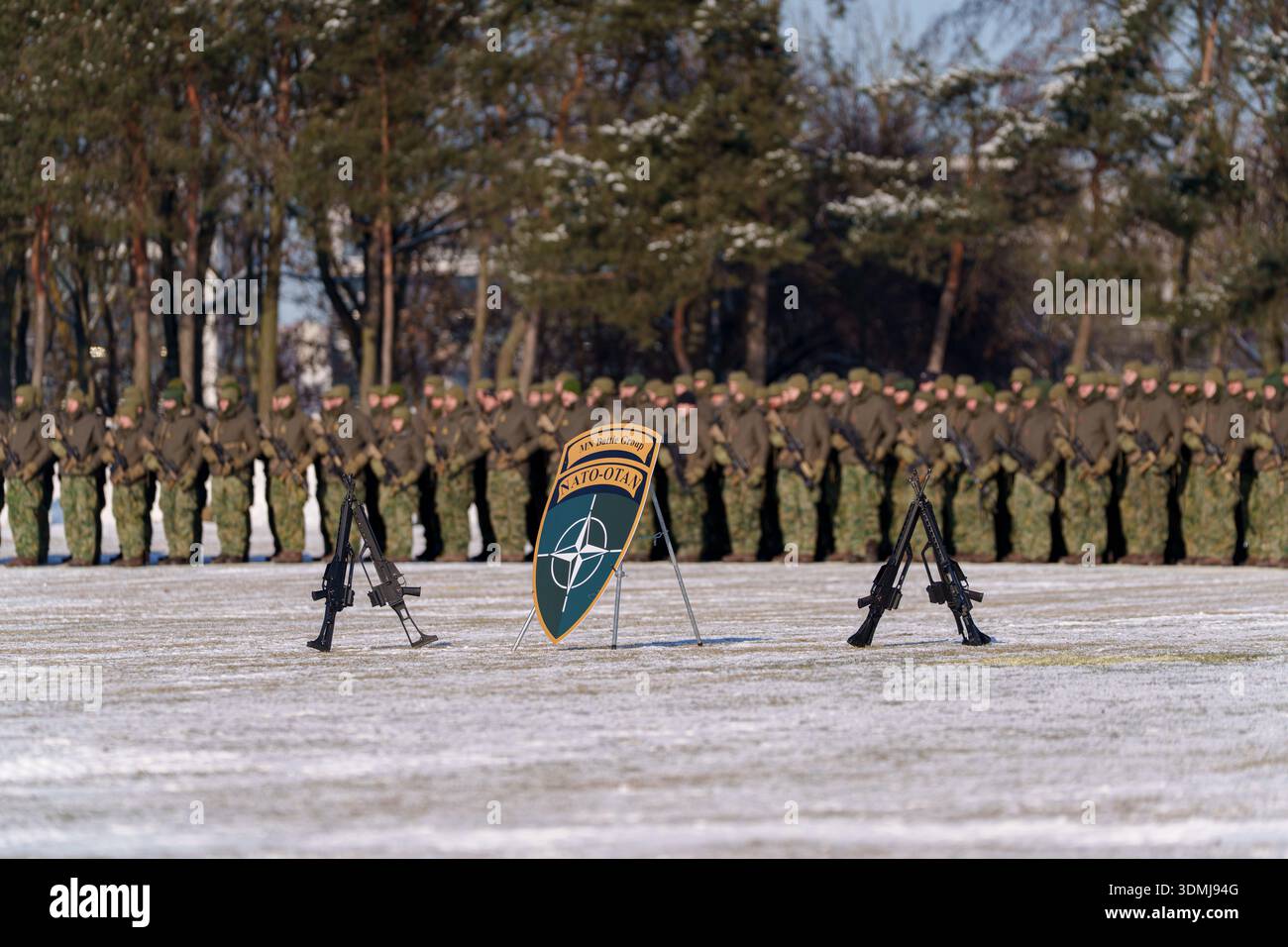 Scudo e fucili NATO Battle Group esposti sul campo con soldati sullo sfondo. Foto Stock