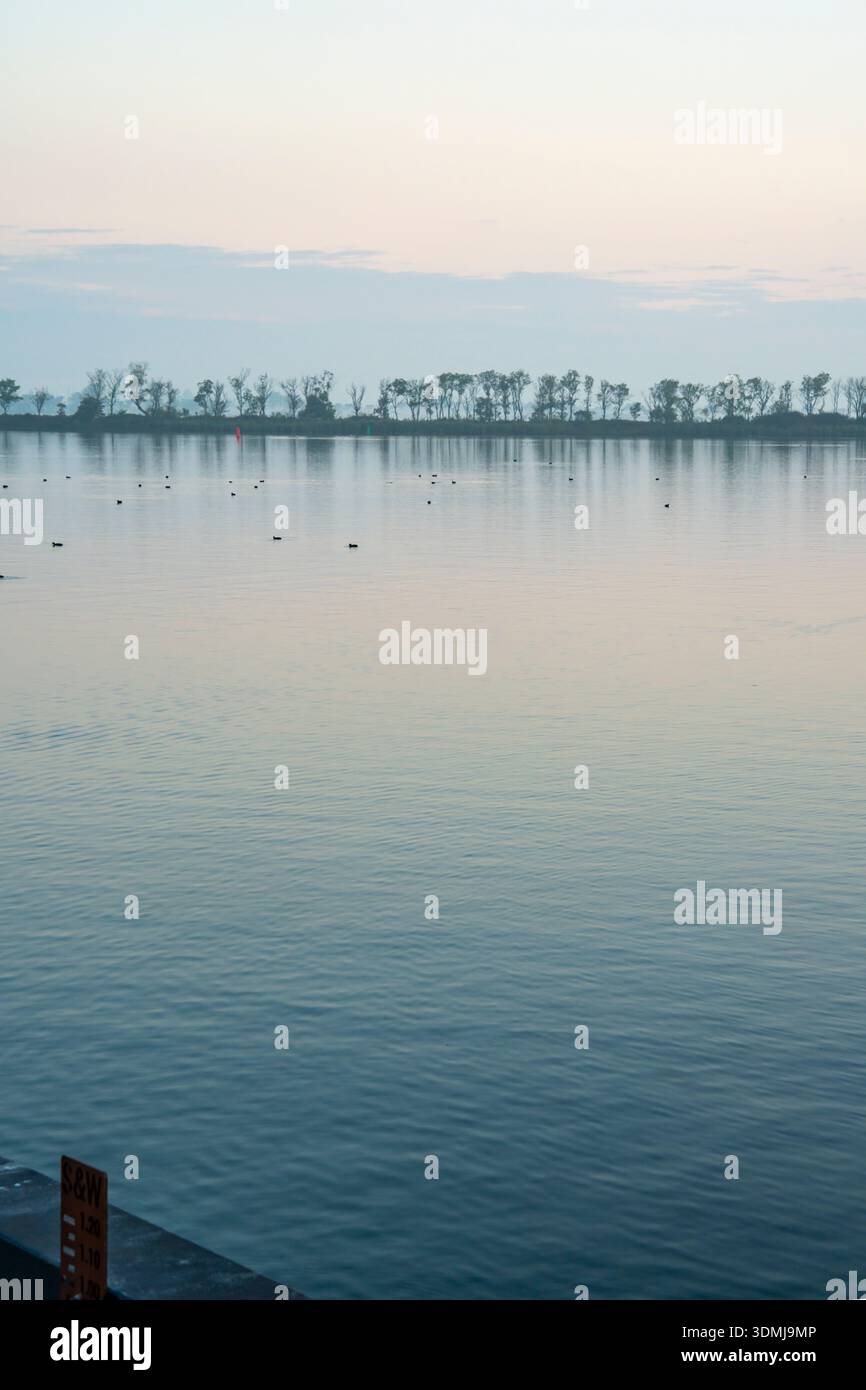 Un'immagine nebbiosa e lunare di un molo e dell'acqua del porto nelle prime ore del mattino prima dell'alba ad Amsterdam, Paesi Bassi Foto Stock