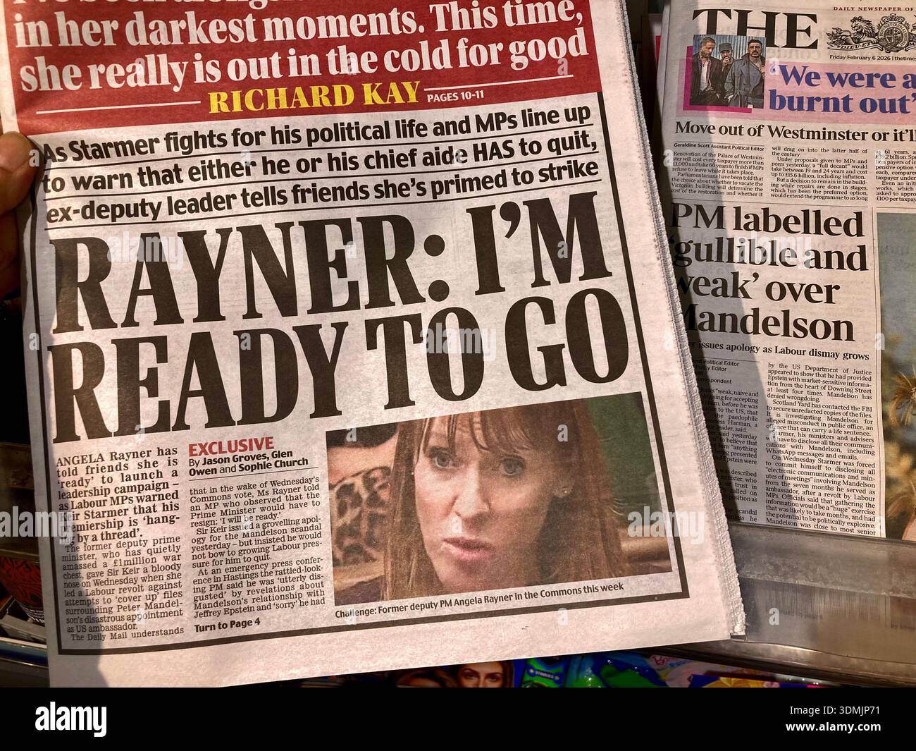 I giornali britannici riferiscono che Angela Rayner è pronta a lanciare una campagna di leadership per sostituire Keir Starmer a causa dello scandalo di Peter Mandelson Foto Stock