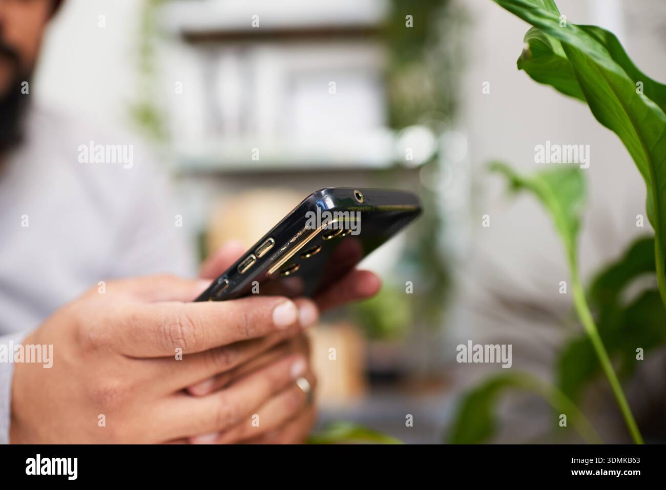 Primo piano di mani che tengono lo smartphone in Un ambiente indoor per le aziende pieno di impianto Foto Stock
