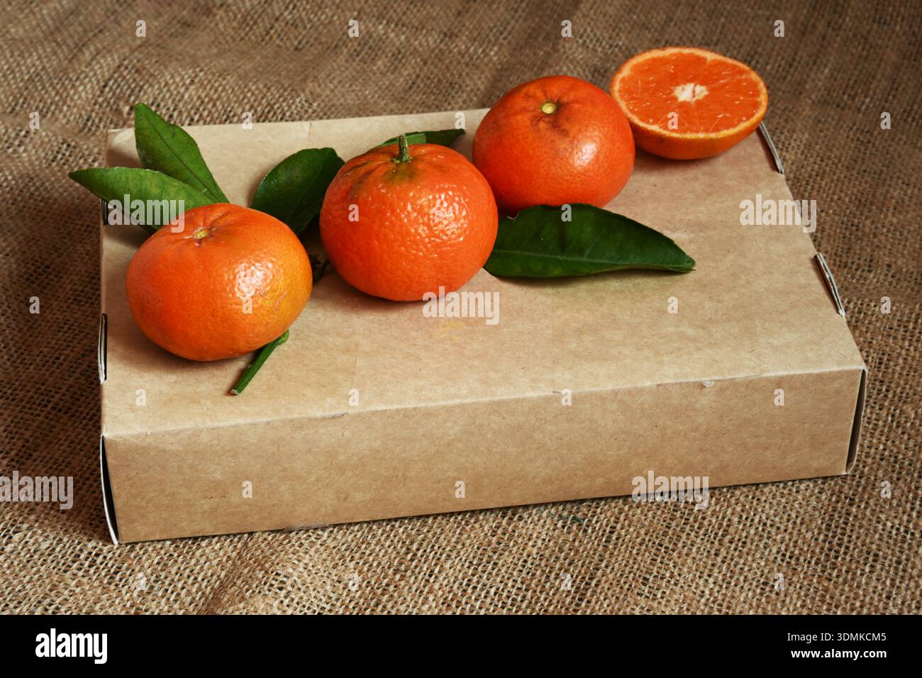 Mandarini biologici freschi in confezioni di cartone ecocompatibili Foto Stock