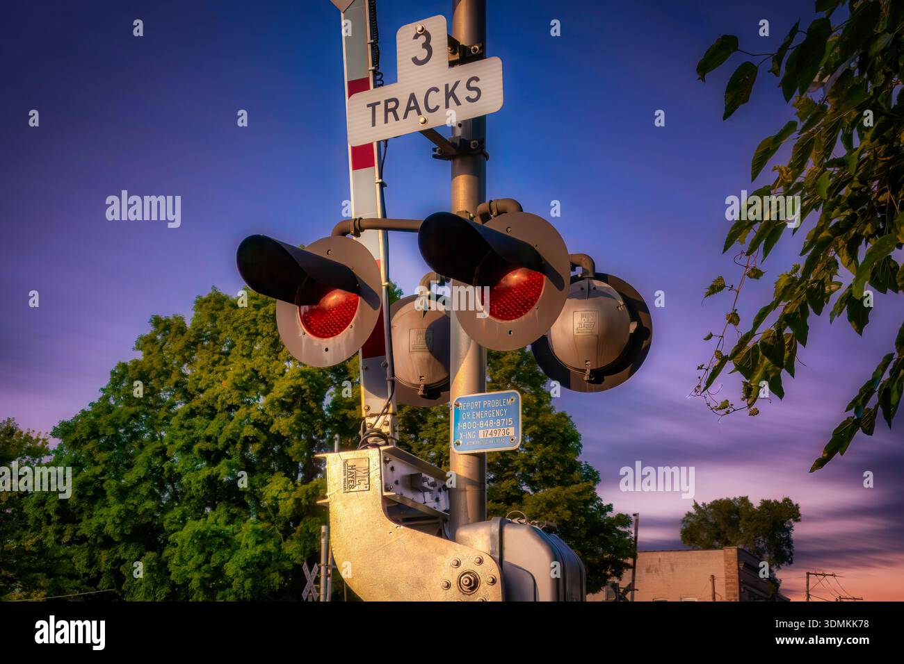 Segnale di attraversamento attivo della ferrovia con spie rosse accese sotto un cielo viola al tramonto vicino a alberi frondosi e dintorni urbani. Foto Stock