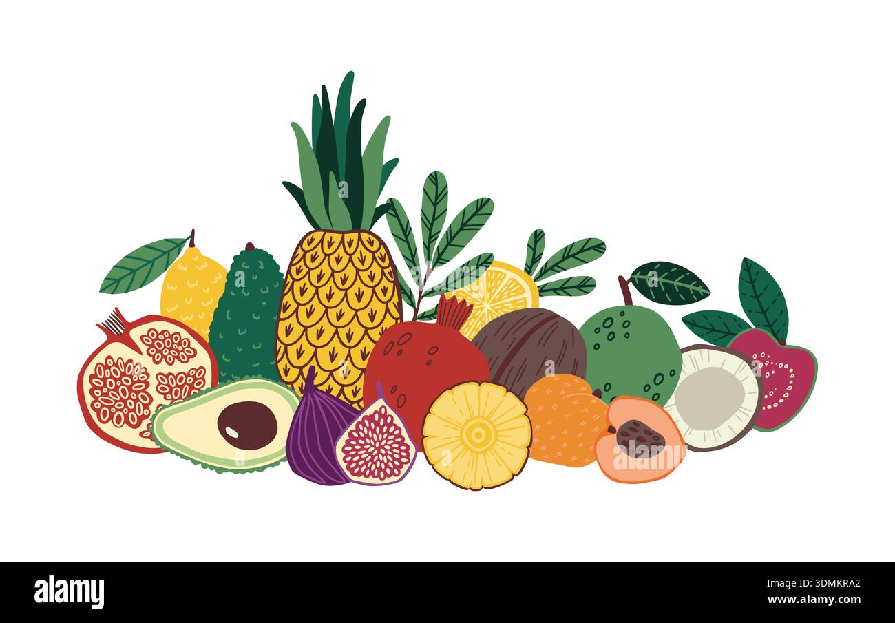 Composizione dei frutti. Arene esotiche intere e metà fresche. Banana, mango fresco e ananas. Agrumi e cocco succosi. , avocado disegnato a mano, doodle kiwi. Illustrazione isolata in stile cartoni animati vettoriali Illustrazione Vettoriale