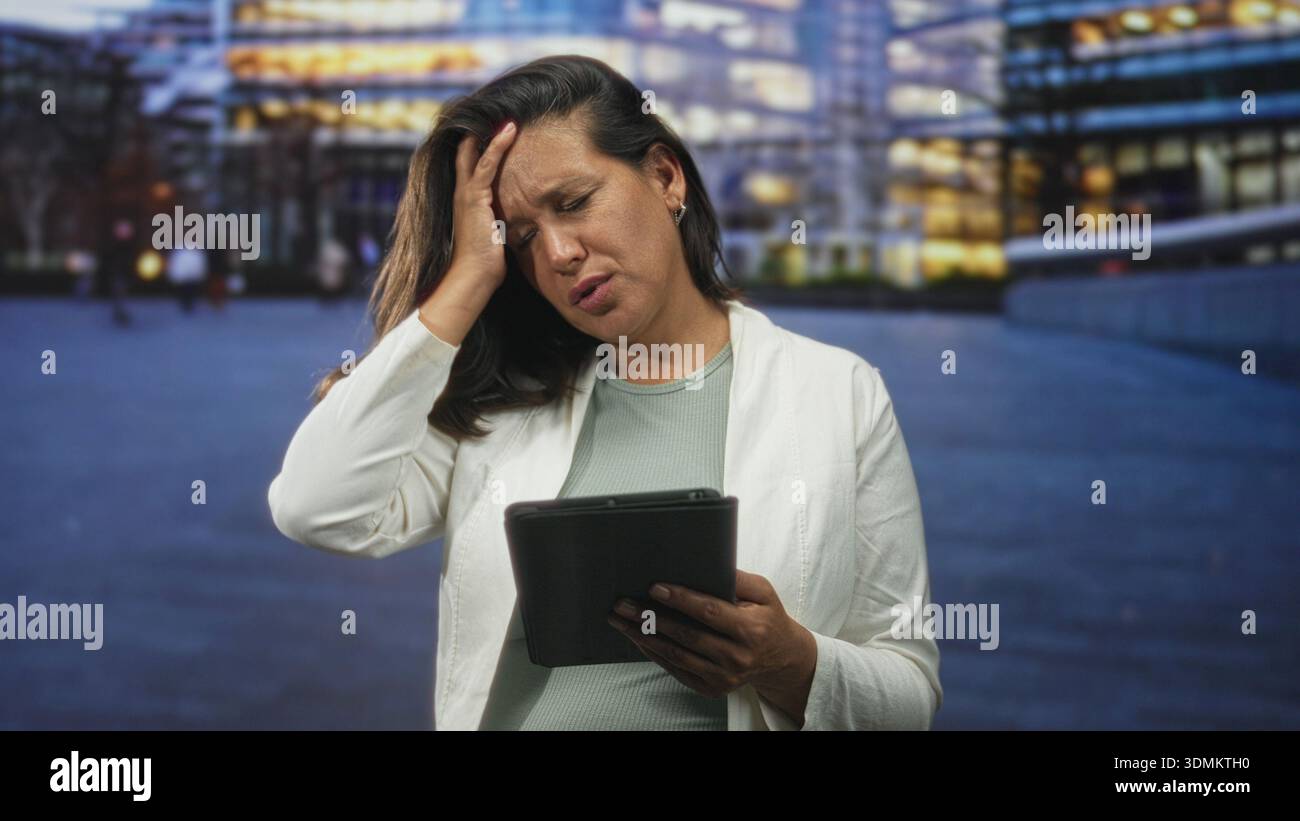 Donna che tiene un tablet tocca la testa mentre esegue la scansione dello schermo di fronte a un moderno edificio di uffici con finestre illuminate e ambientazione plaza, espresso incerto Foto Stock