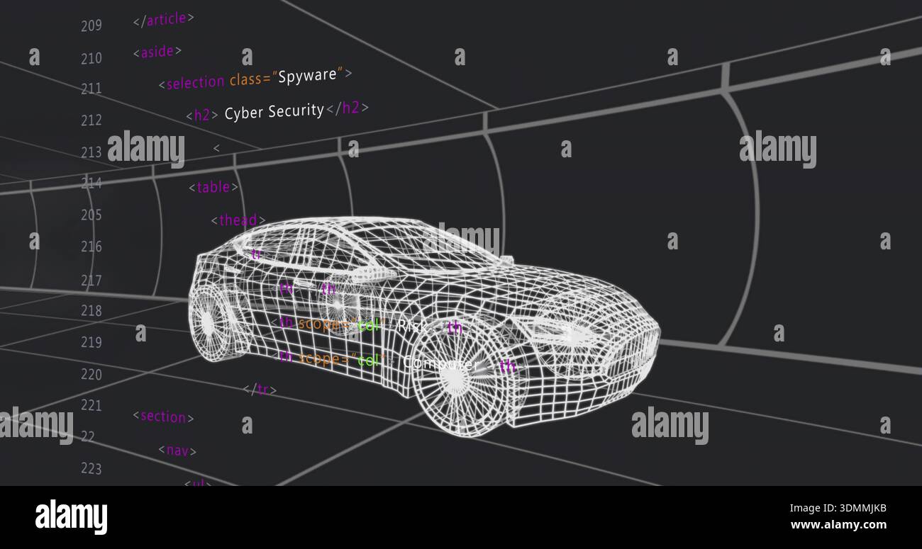 Rendering di un'auto 3D a reticolo rotante su un piano griglia prospettico all'interno di un tunnel ad arco, con codice HTML Foto Stock