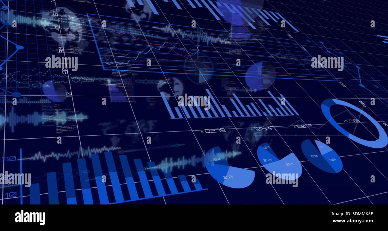 Visualizzazione del dashboard di analisi 3D mobile sul piano della griglia della marina, con grafici a barre, grafici a linee, ciambella Foto Stock