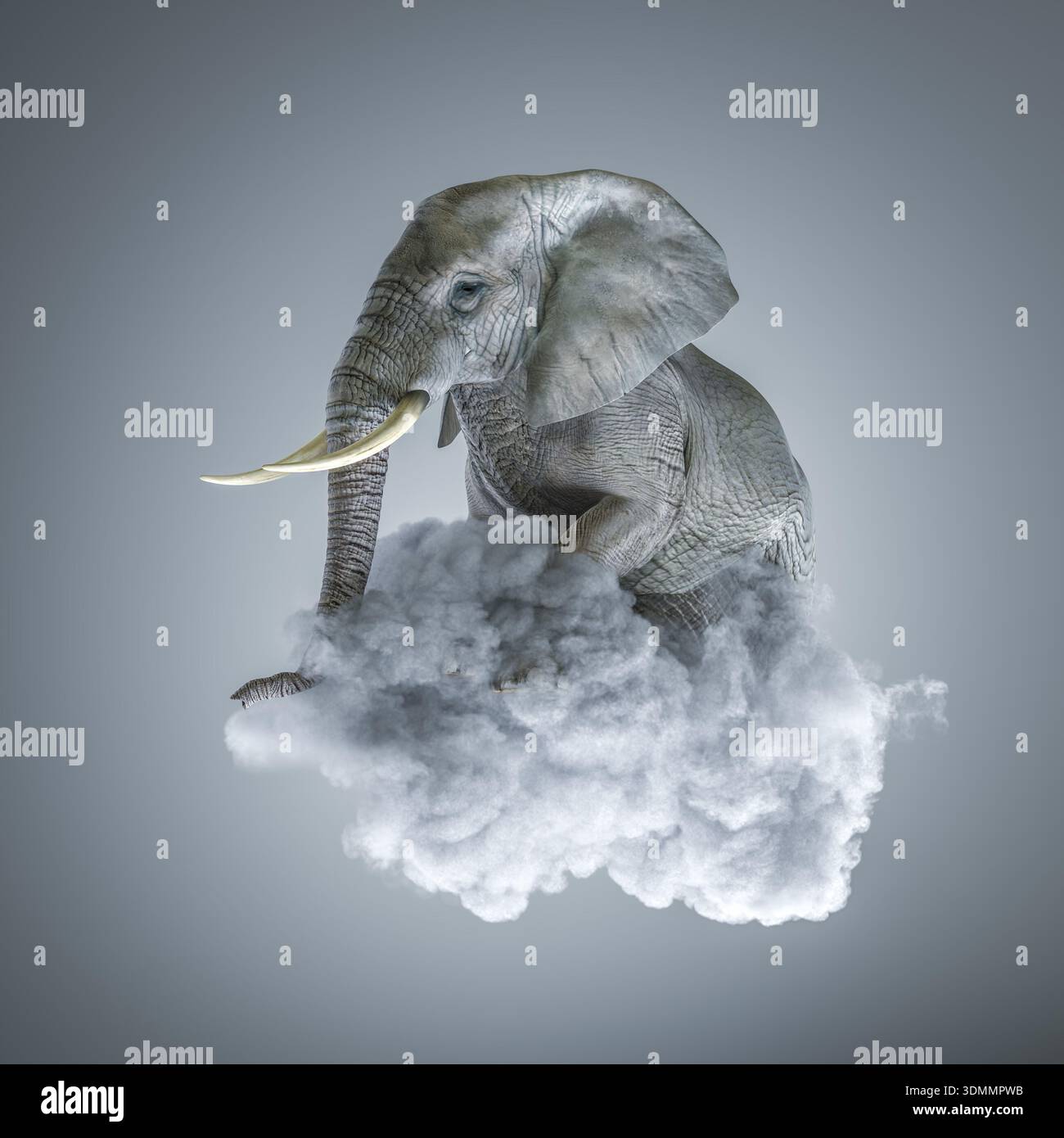L'elefante galleggia nel cloud 3d, rappresentando la libertà Foto Stock