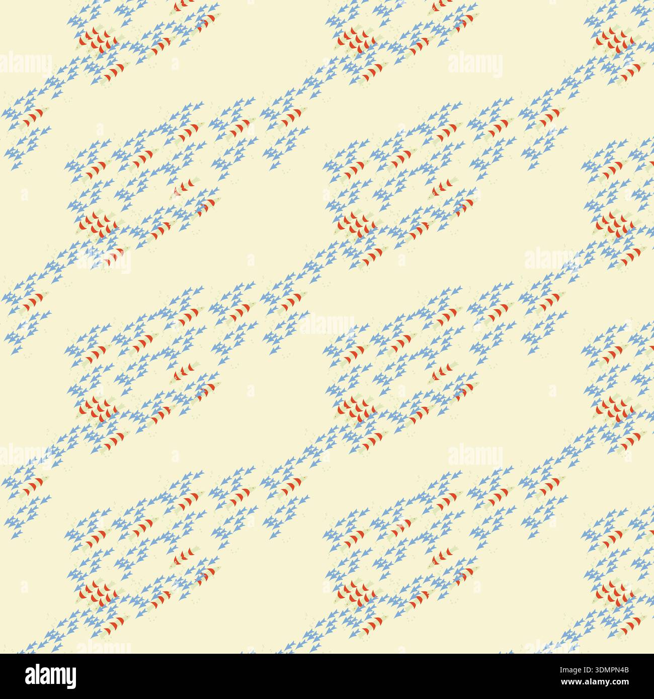 Motivo geometrico astratto senza cuciture con un moderno design ritmico con tratti di forma di freccia blu e motivi a vela semicircolare rossi su sfondo crema chiaro Illustrazione Vettoriale