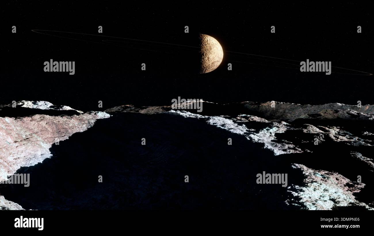 Questa illustrazione mostra Quaoar e i suoi anelli visti dalla superficie della sua luna, Weywot. Quaoar è un pianeta nano situato a 6,5 miliardi di chilometri dalla Terra nella fascia di Kuiper. Gli anelli di Quaoar sono composti da detriti e sono stati scoperti attraverso una serie di osservazioni tra il 2018 e il 2021. Il più spesso dei due anelli, quello più esterno, è molto irregolare - molto più spesso in alcune parti, e anche invisibile in altre. Quaoar ha un diametro di circa 1100 km e una forma leggermente ellissoidale. Waywot orbita a una distanza di 13, 000 km Foto Stock