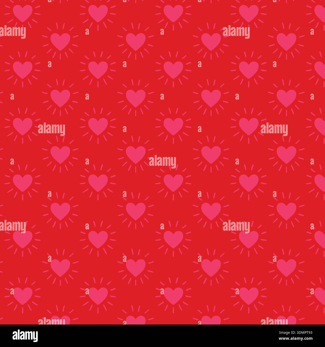 Motivo a cuore radioso e senza cuciture su uno sfondo rosso audace, con cuori rosa brillanti per romantici disegni d'amore per San Valentino, confezione regalo e sposi Illustrazione Vettoriale