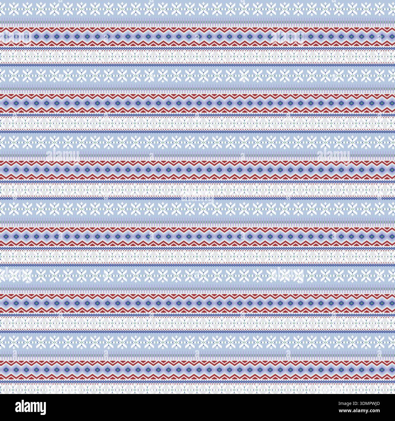 Fantasia vettoriale invernale senza cuciture con un tradizionale design scandinavo Fair Isle con bordi geometrici rossi e blu su sfondo azzurro, perfetta per le stampe di tessuti natalizi e per le texture natalizie dei maglioni. Illustrazione Vettoriale