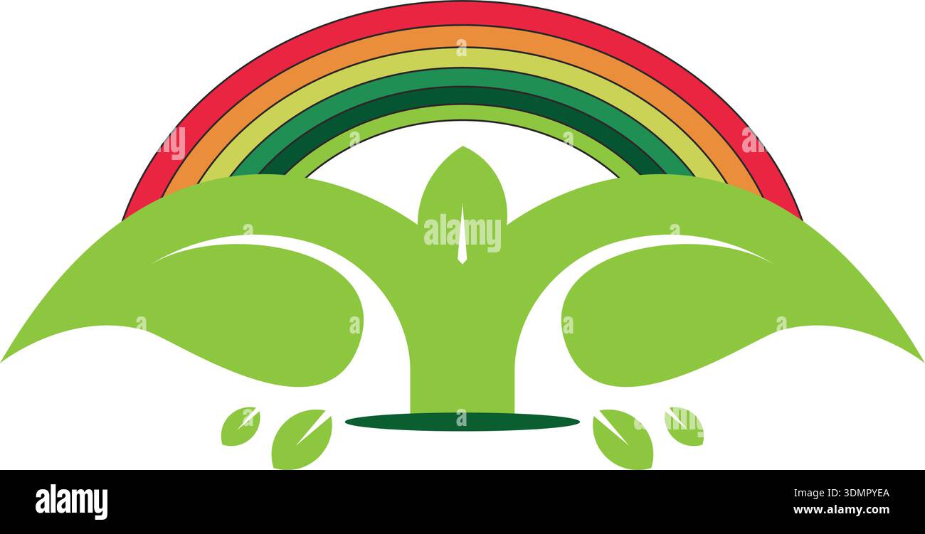 Logo ecologico o icona con arcobaleno e foglie verdi. Un elemento straordinario per il tuo design Illustrazione Vettoriale