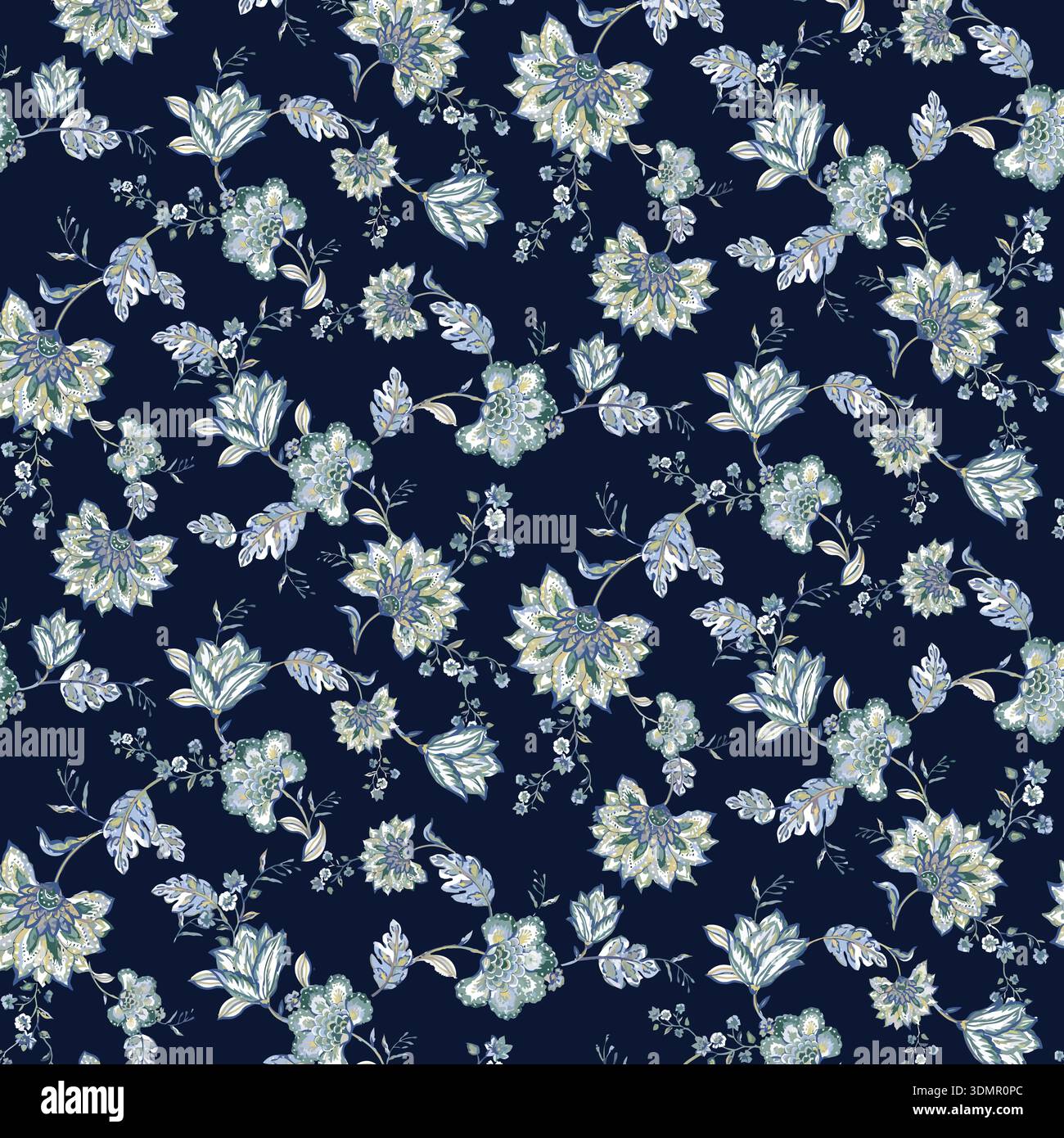 Motivo floreale senza cuciture con eleganti illustrazioni botaniche bianche e azzurre su sfondo blu navy scuro. Sofisticato fiore ripetuto Illustrazione Vettoriale