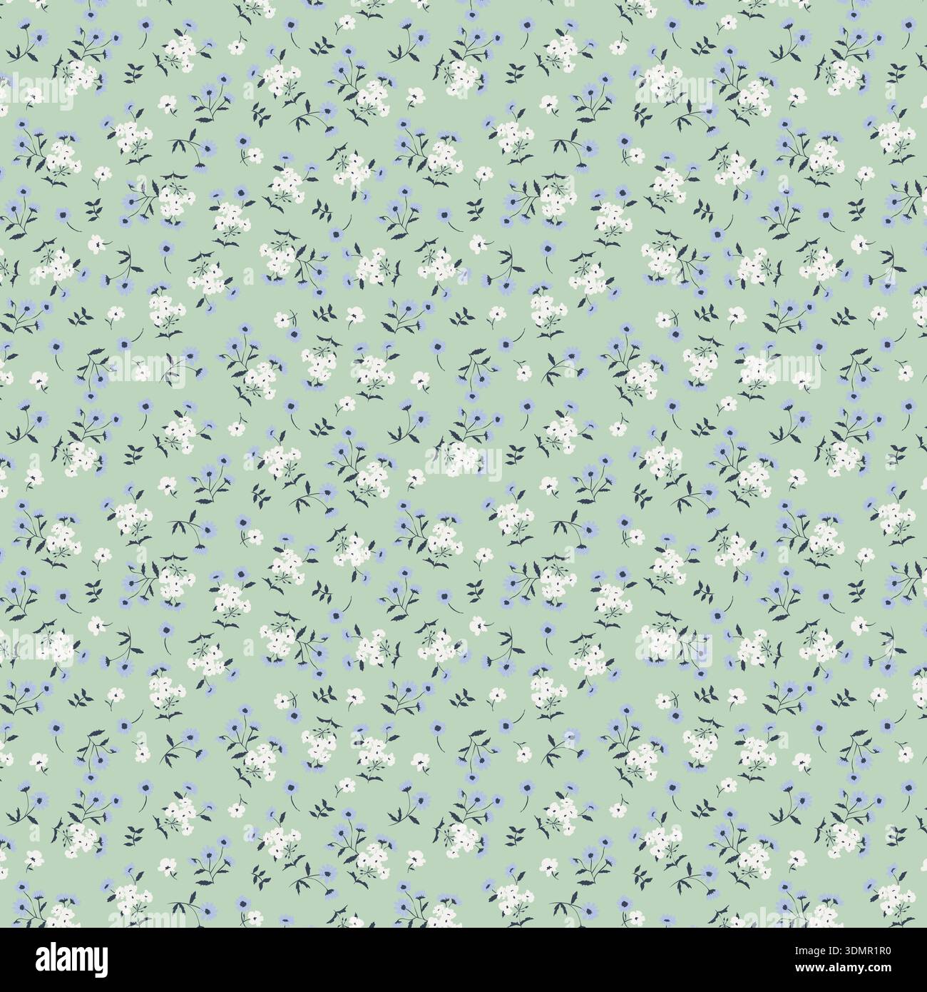 Fantasia floreale senza cuciture con piccoli fiori bianchi e blu su un morbido sfondo verde menta, con delicati motivi botanici per il design Illustrazione Vettoriale