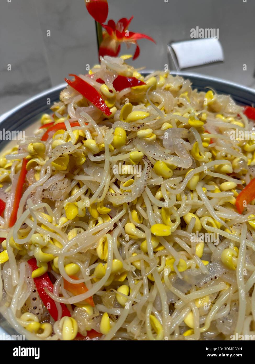 Germogli di soia gialla e meduse come antipasto freddo in un buffet dell'hotel, Zhangye City, provincia cinese di Gansu Foto Stock