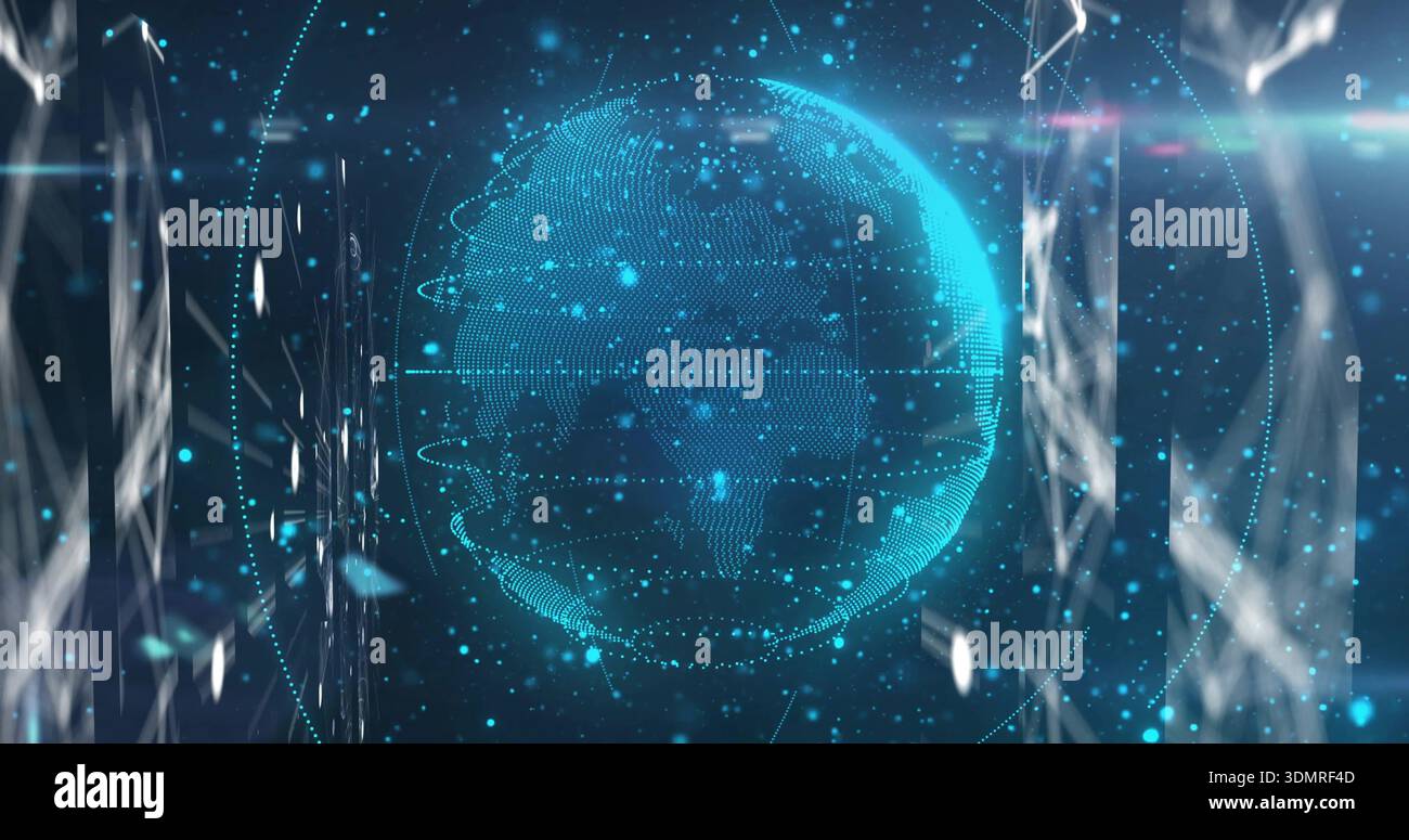 Globo olografico blu-ciano galleggiante che ruota all'interno di uno studio virtuale scuro, con anelli e linee di scansione Foto Stock