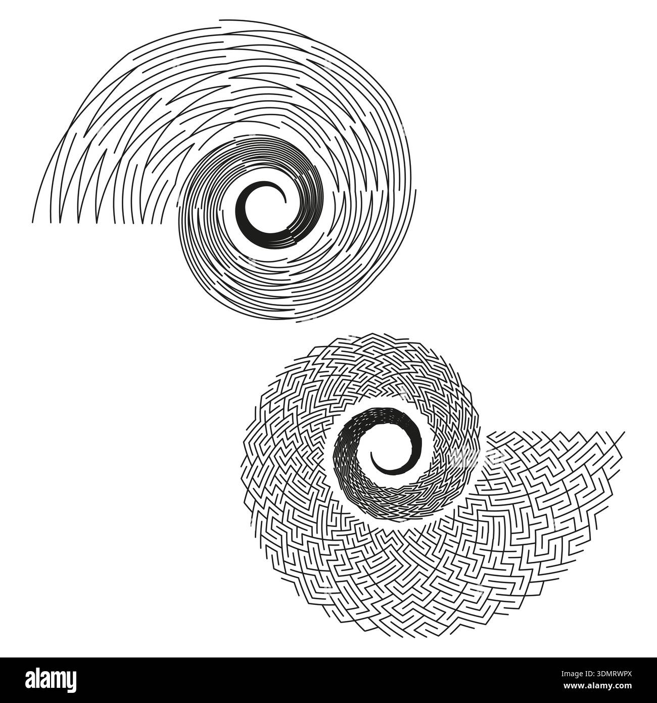 Forme di shell a spirale intensive. Forme vettoriali di curva intensiva. Bel labirinto a turbinio. Bellissime decorazioni geometriche. EPS 10. Illustrazione Vettoriale