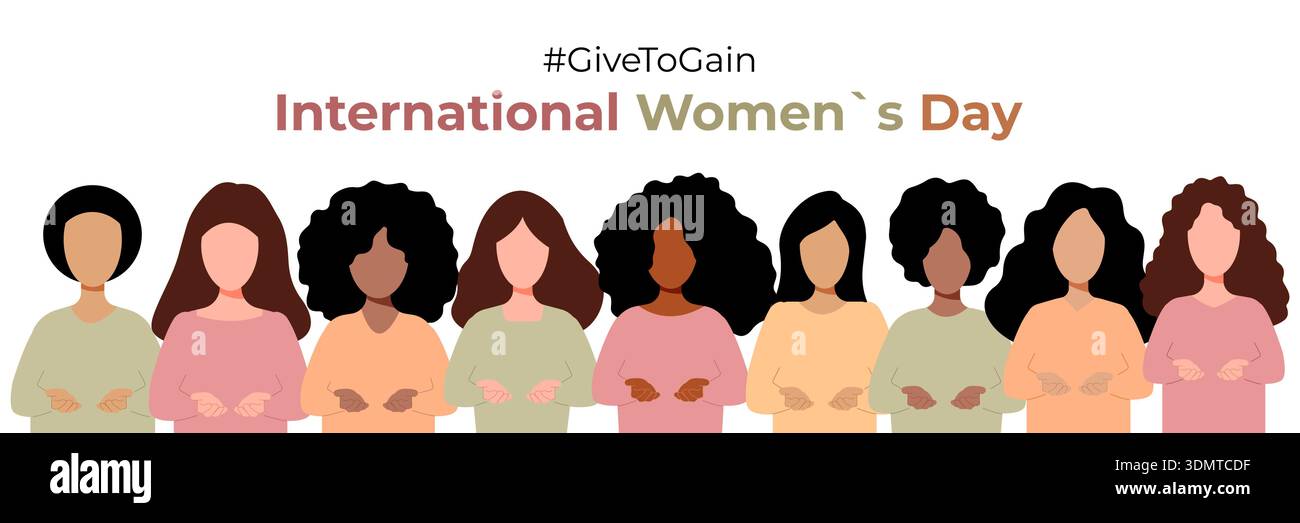 Un gruppo eterogeneo di donne che si tengono per mano in solidarietà per la giornata internazionale della donna, con l'hashtag GiveToGain prominentemente Disp Illustrazione Vettoriale