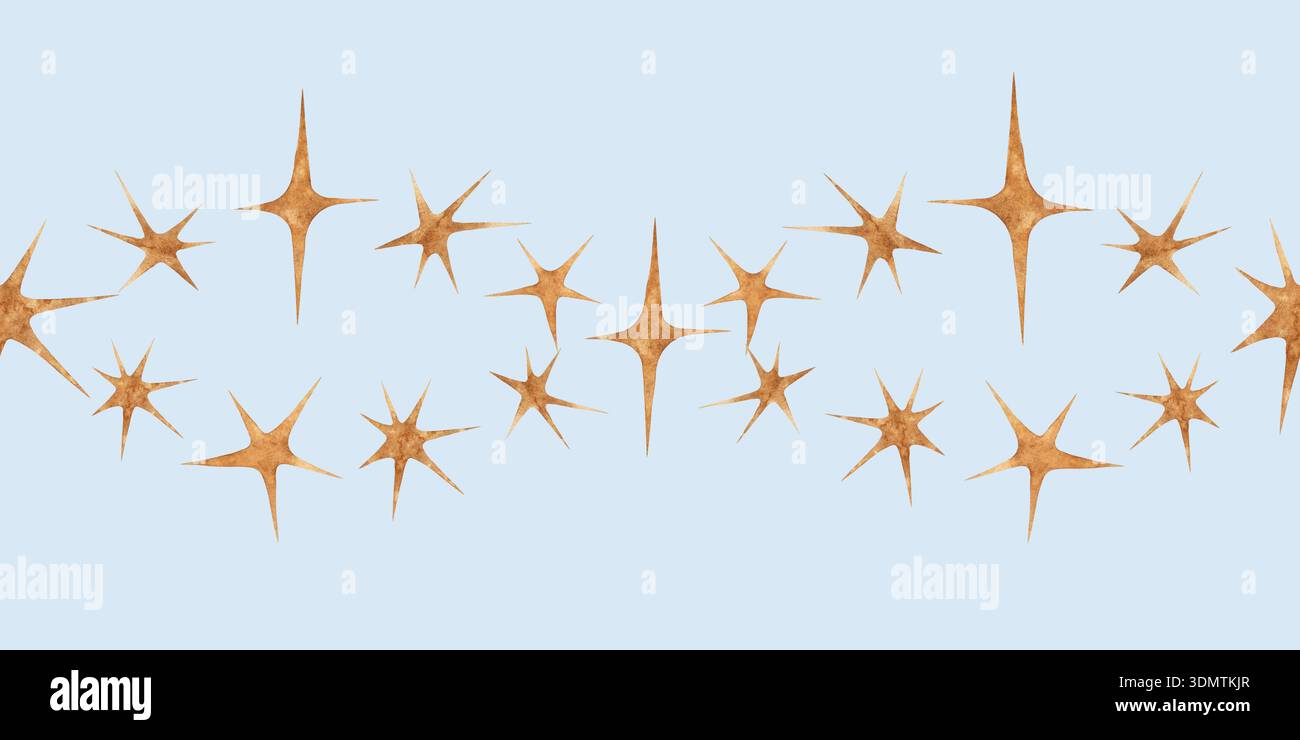 Gold Stars bordo senza cuciture magia celeste acquerello con cornice decorativa orizzontale dipinta a mano sfondo lavanda Foto Stock