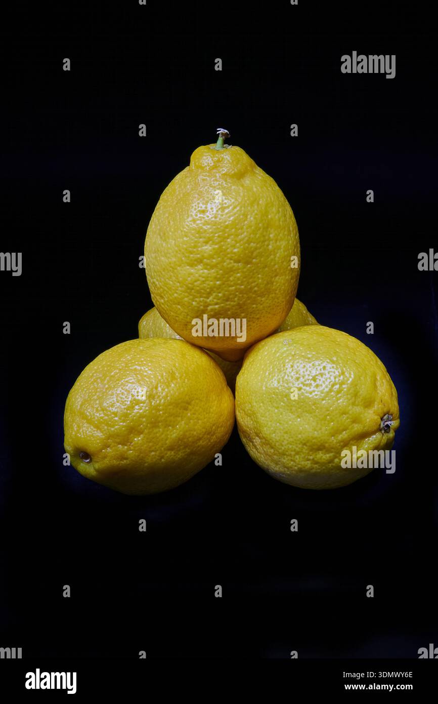 Una pila o un mucchio di limoni. Su sfondo nero. Foto Stock