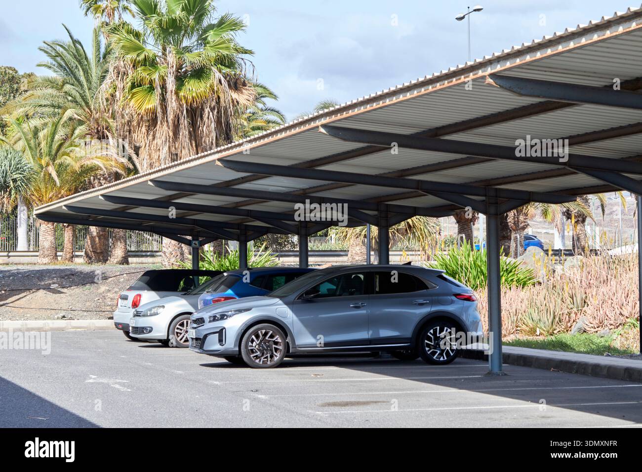 auto parcheggiate sotto copertura ombreggiata nel parcheggio di maspalomas gran canaria, isole canarie, spagna Foto Stock