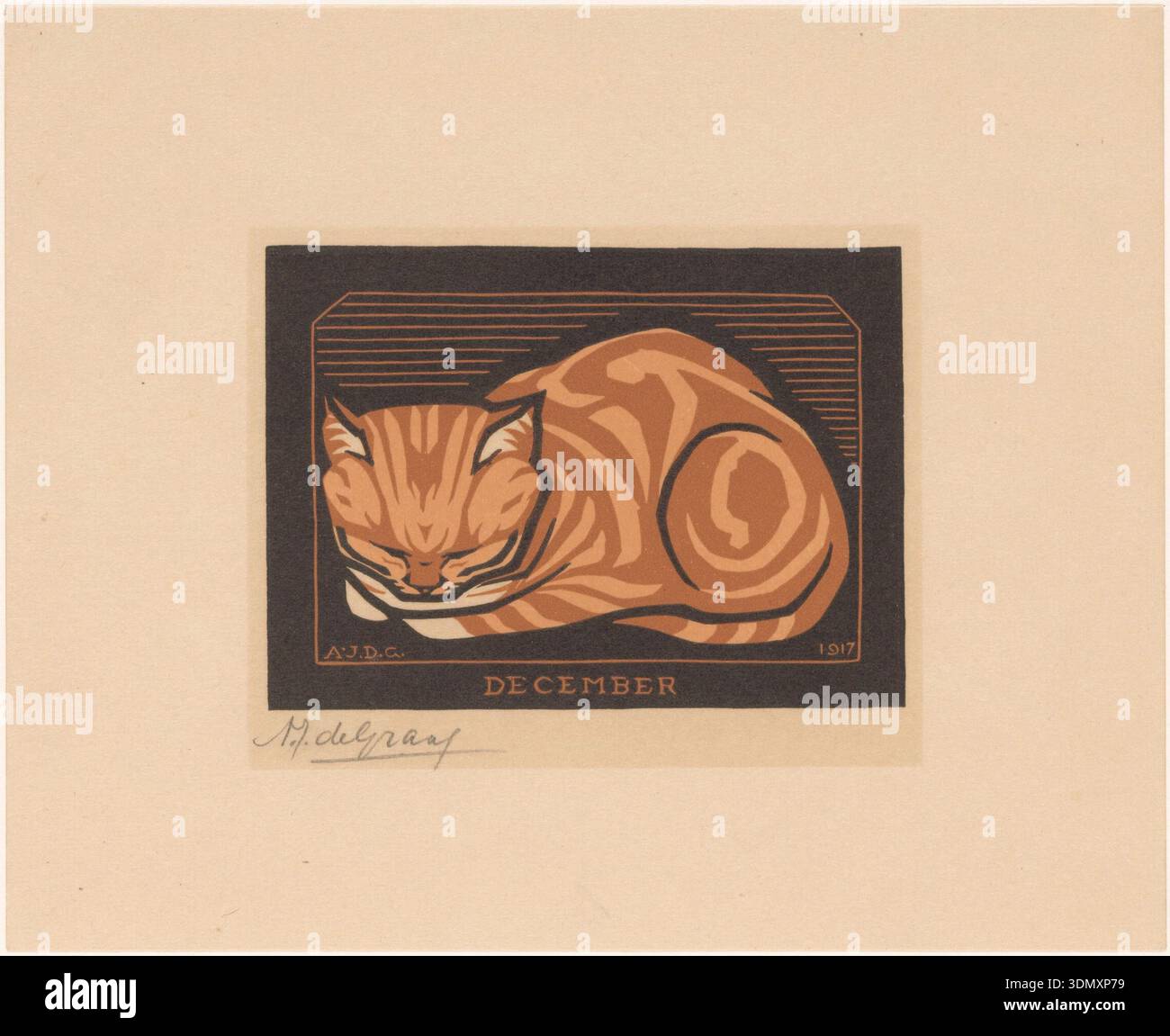 Illustrazione storica intitolata December, che mostra un gatto che dorme in una cornice stilizzata. Stampa di Julie de Graag, datata 1917. Foto Stock