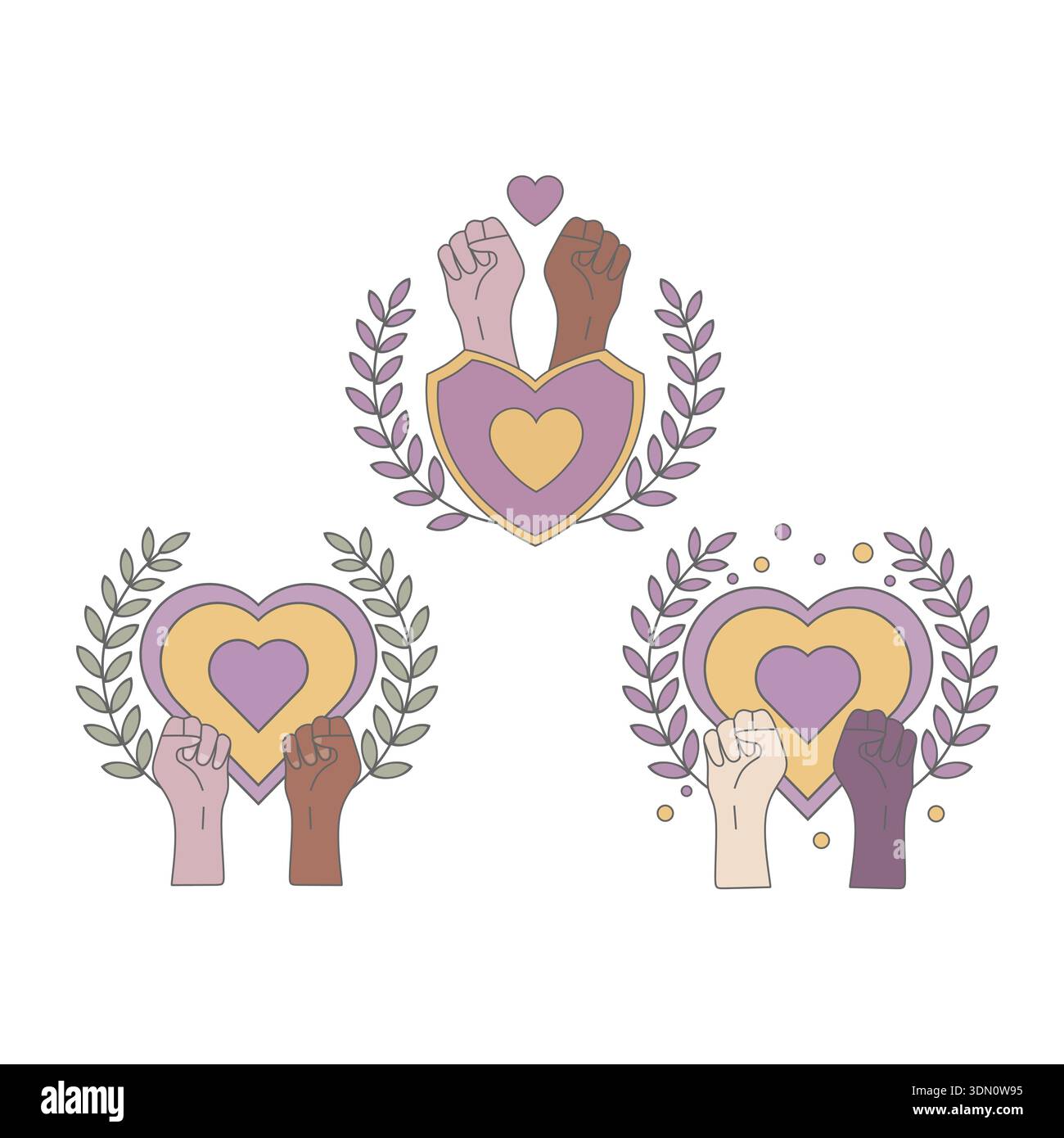 Ha potenziato i concetti di unità e giustizia sociale con diversi pugni e emblemi del cuore Illustrazione Vettoriale