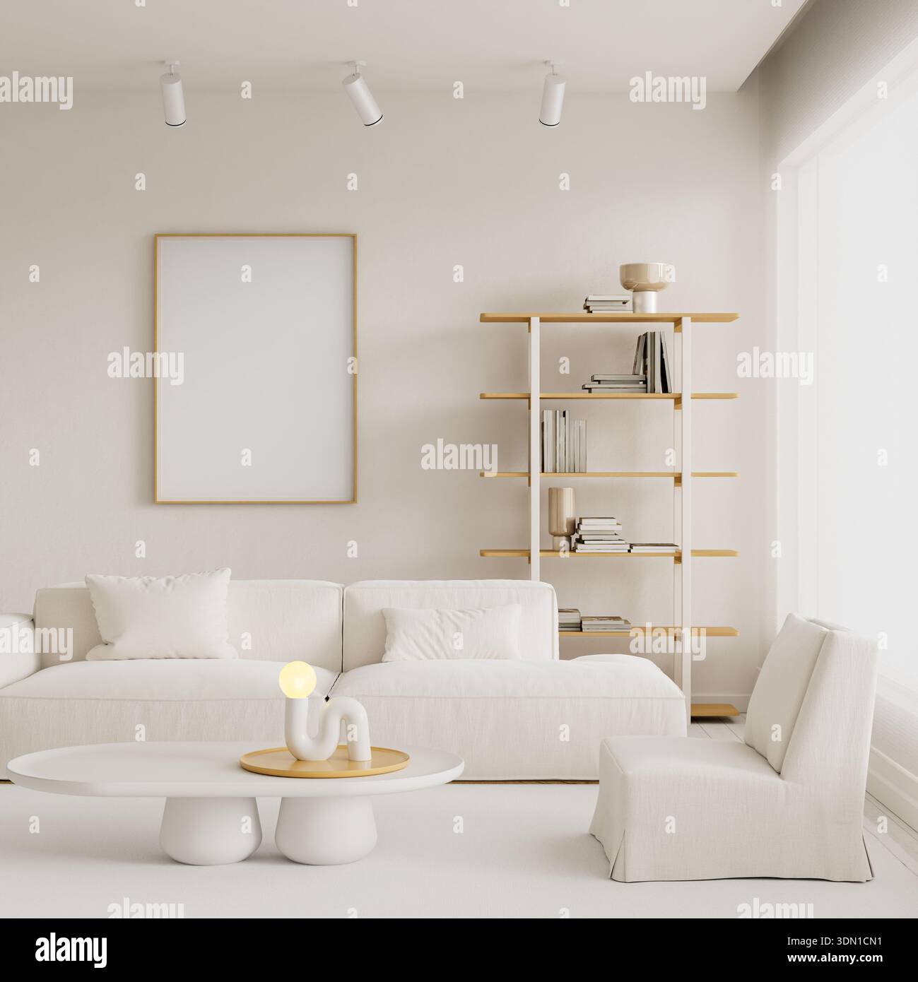 Ambiente interno moderno e minimalista che presenta una cornice per poster in mock-up in un ambiente contemporaneo bilanciato, ideale per la visualizzazione di opere d'arte, presentazione grafica Foto Stock