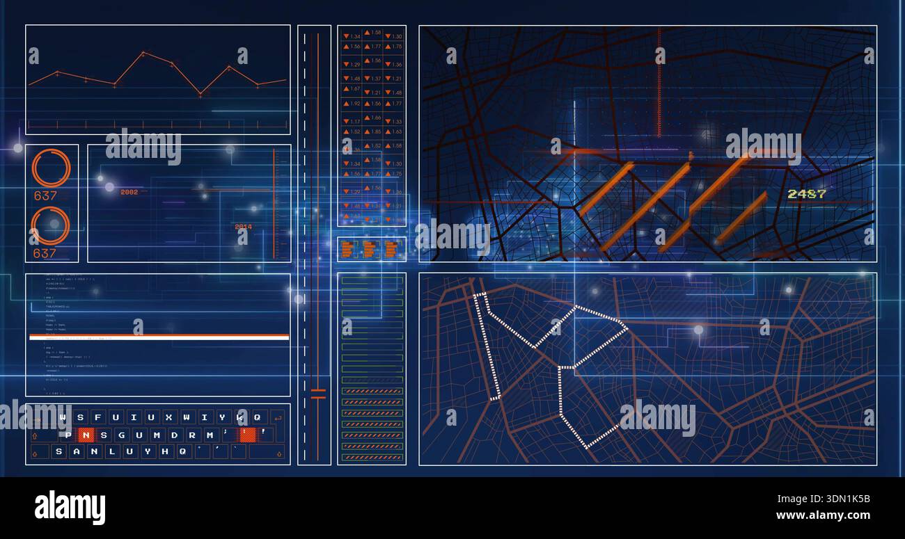 Visualizzazione del dashboard delle operazioni futuristiche sul monitor, con mappe, indicatori circolari 637, percorso punteggiato Foto Stock