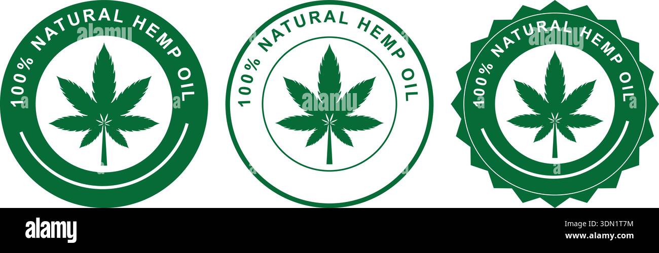 Badge di certificazione dell'olio di canapa naturale con set di simboli a foglia verde Illustrazione Vettoriale