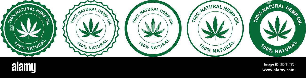 Set badge di certificazione olio di canapa naturale con icone a foglia verde Illustrazione Vettoriale