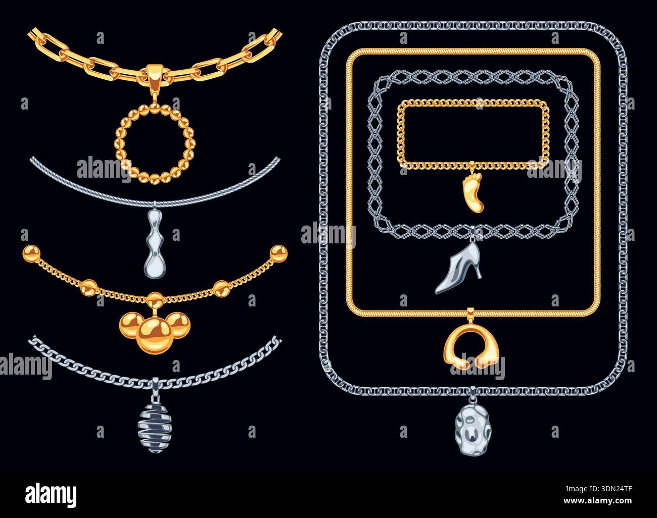 Elegante set di spazzolini a catena con ciondoli di lusso dorati e ciondoli metallici per un marchio boutique di alta qualità e un elegante bordo di gioielli o di moda. Lucida Illustrazione Vettoriale