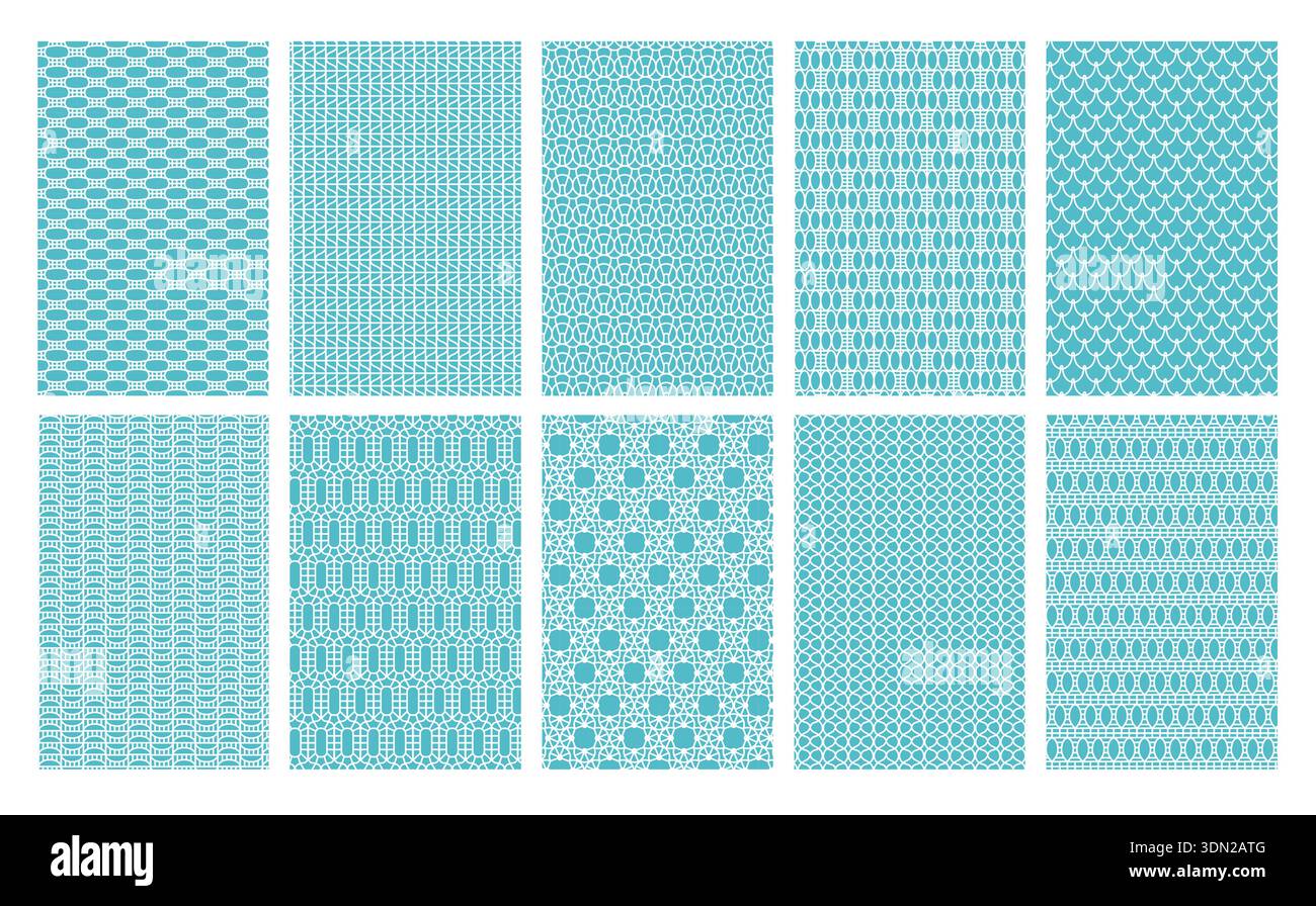 Motivi senza cuciture in pizzo. Mesh in tessuto sfondi semplici, tessuto bianco geometrico. Ornamenti ripetuti, texture jacquard decorative Set isolato vettoriale Illustrazione Vettoriale