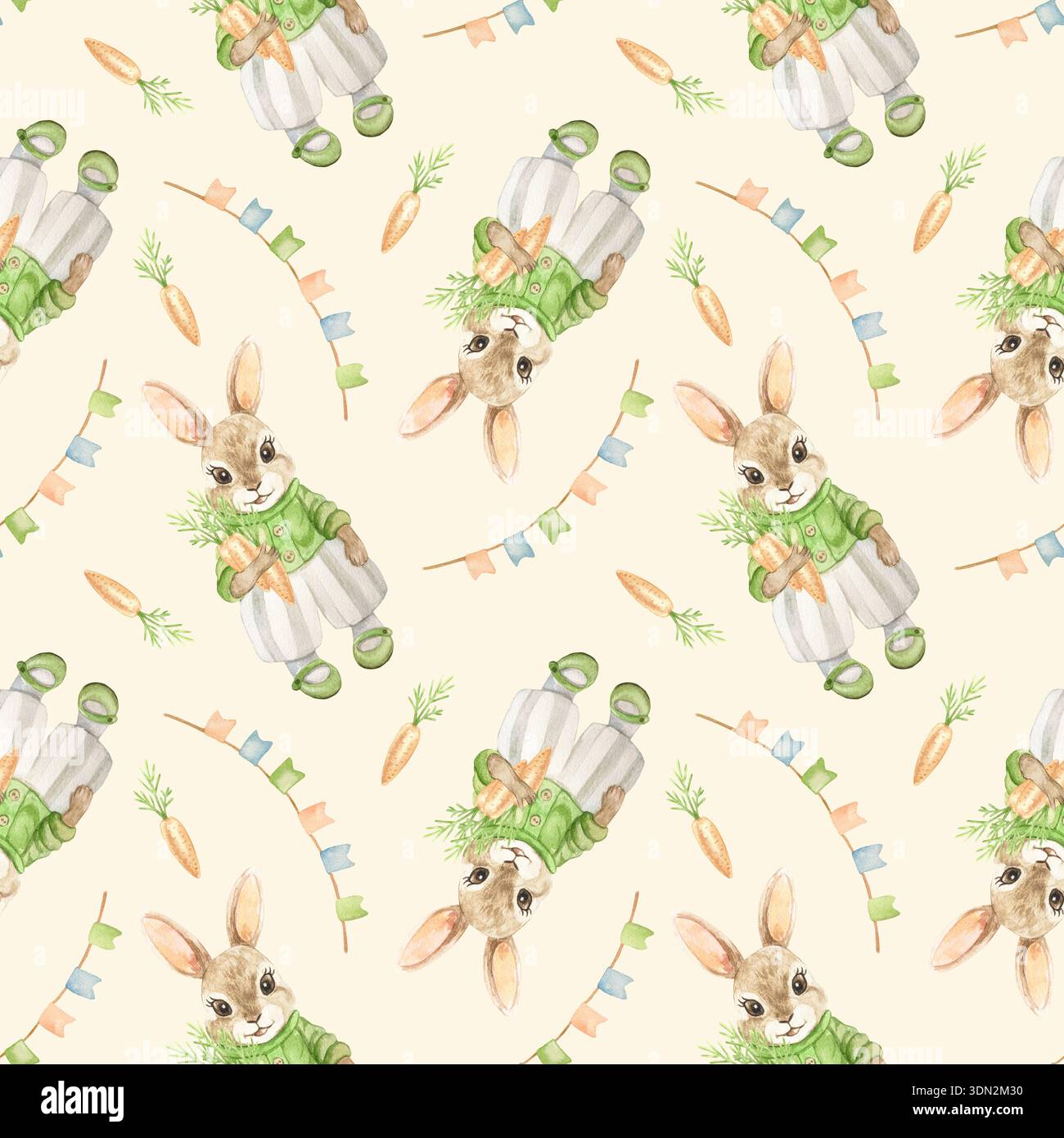 Conigli con carote senza cuciture per temi pasquali e per bambini. Illustrazione ad acquerello disegnata a mano su sfondo beige. Clip art pastello per f Foto Stock