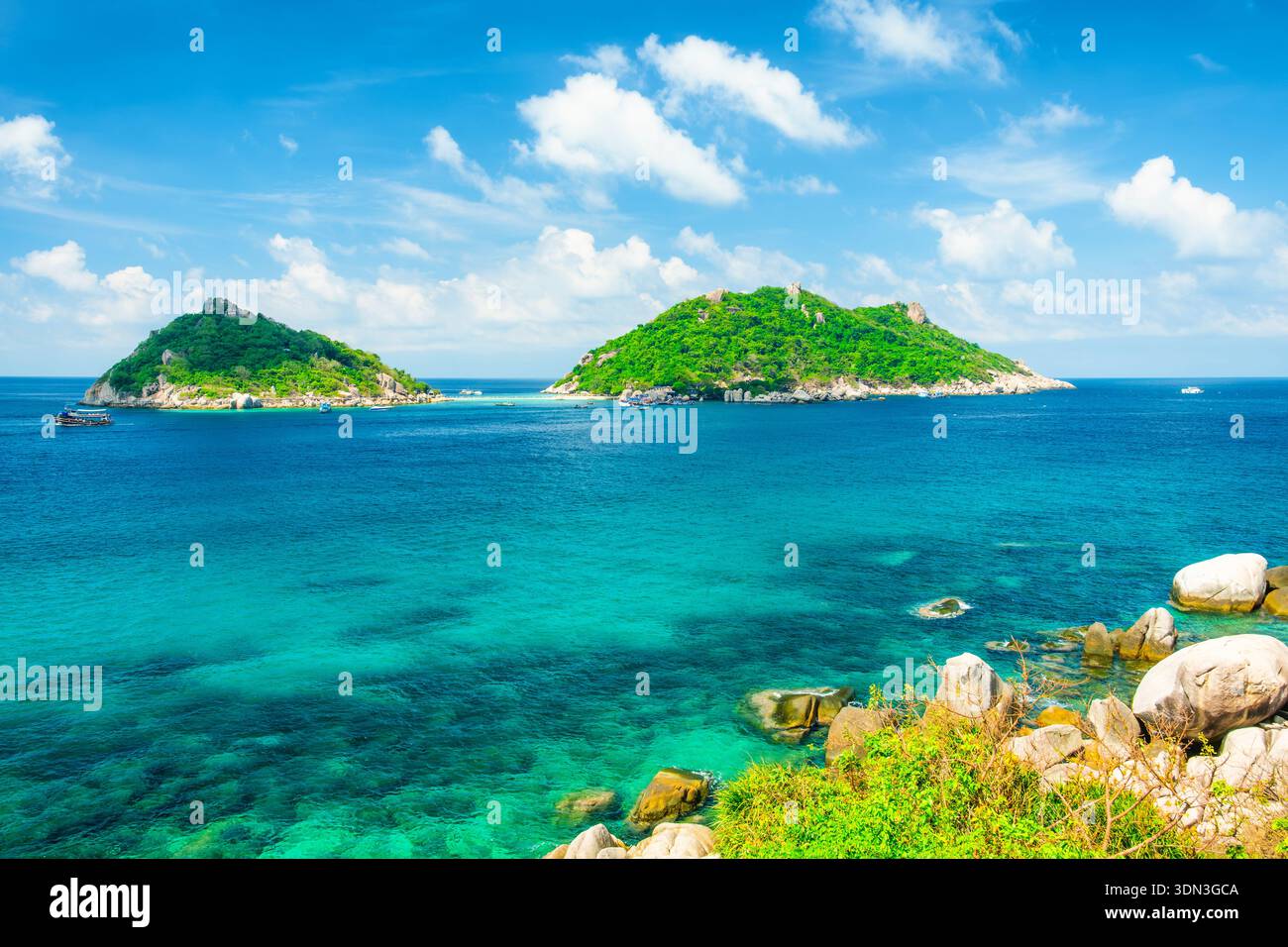 Isola tropicale di Nang Yuan, Koh Tao con tre isolotti collegati, sandbar bianco, acque turchesi e vegetazione lussureggiante, Thailandia. Isola tropicale vicino a Koh Foto Stock