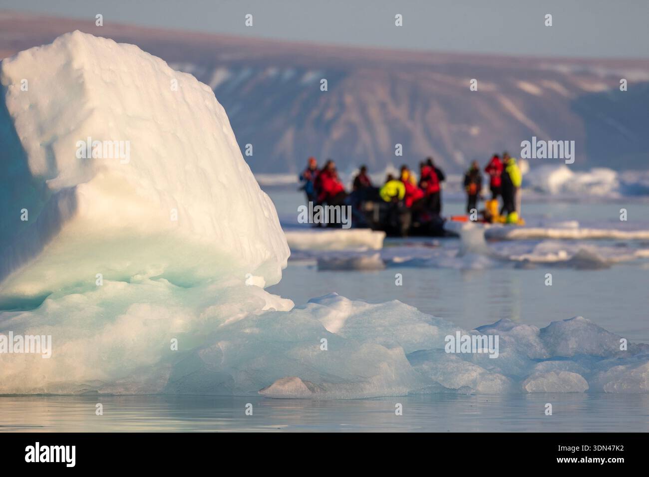 Artico, Groenlandia, gruppo di passeggeri sul ghiaccio marino nella baia groenlandese Foto Stock