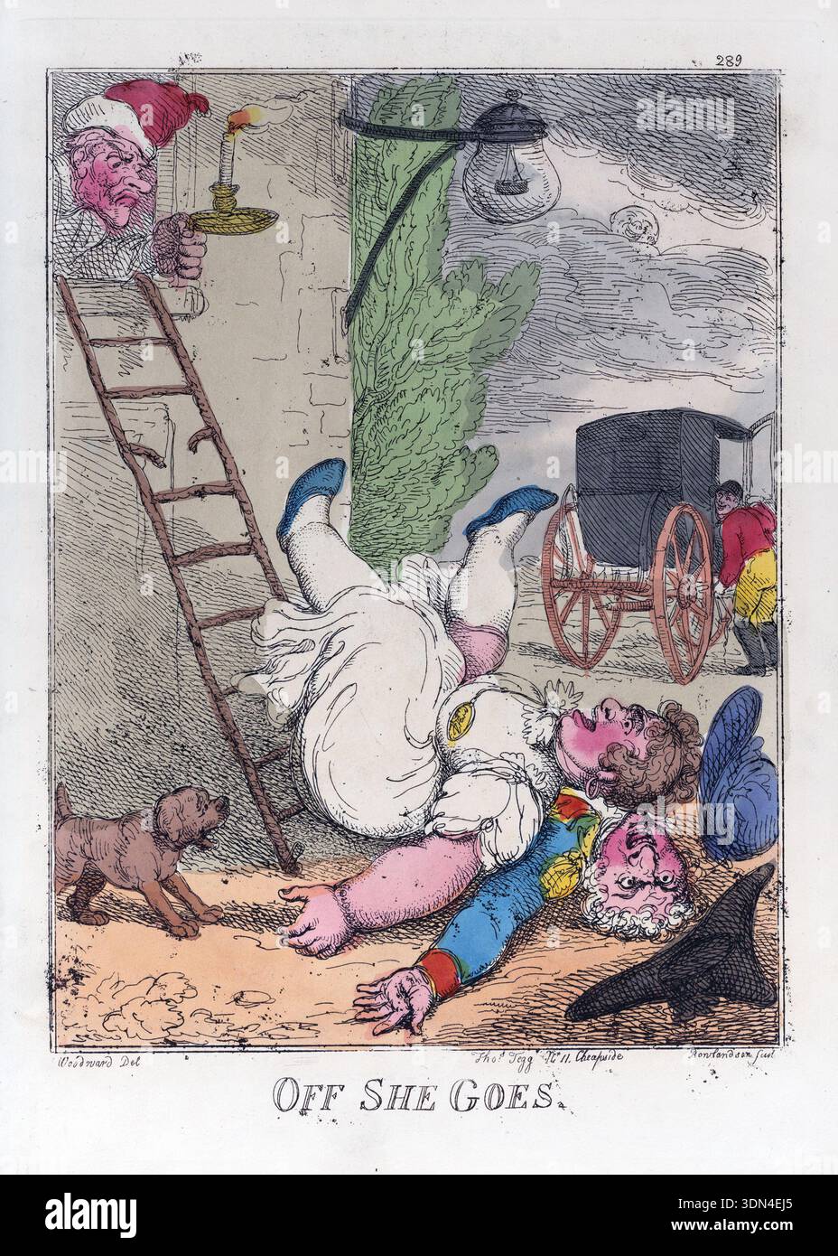 Una divertente stampa a fumetti incisione colorata di Off She Goes, incisione colorata a mano caricature umane vintage 1812 epoca georgiana del XIX secolo creata da Thomas Rowlandson stampa antica Foto Stock