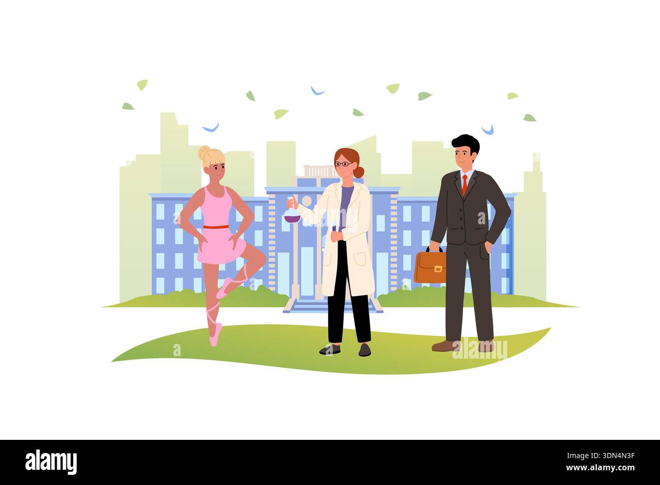 Assistente di laboratorio, ballerina, uomo d'affari. Professioni urbane. Persone in abiti professionali. Edifici per uffici sullo sfondo Illustrazione Vettoriale