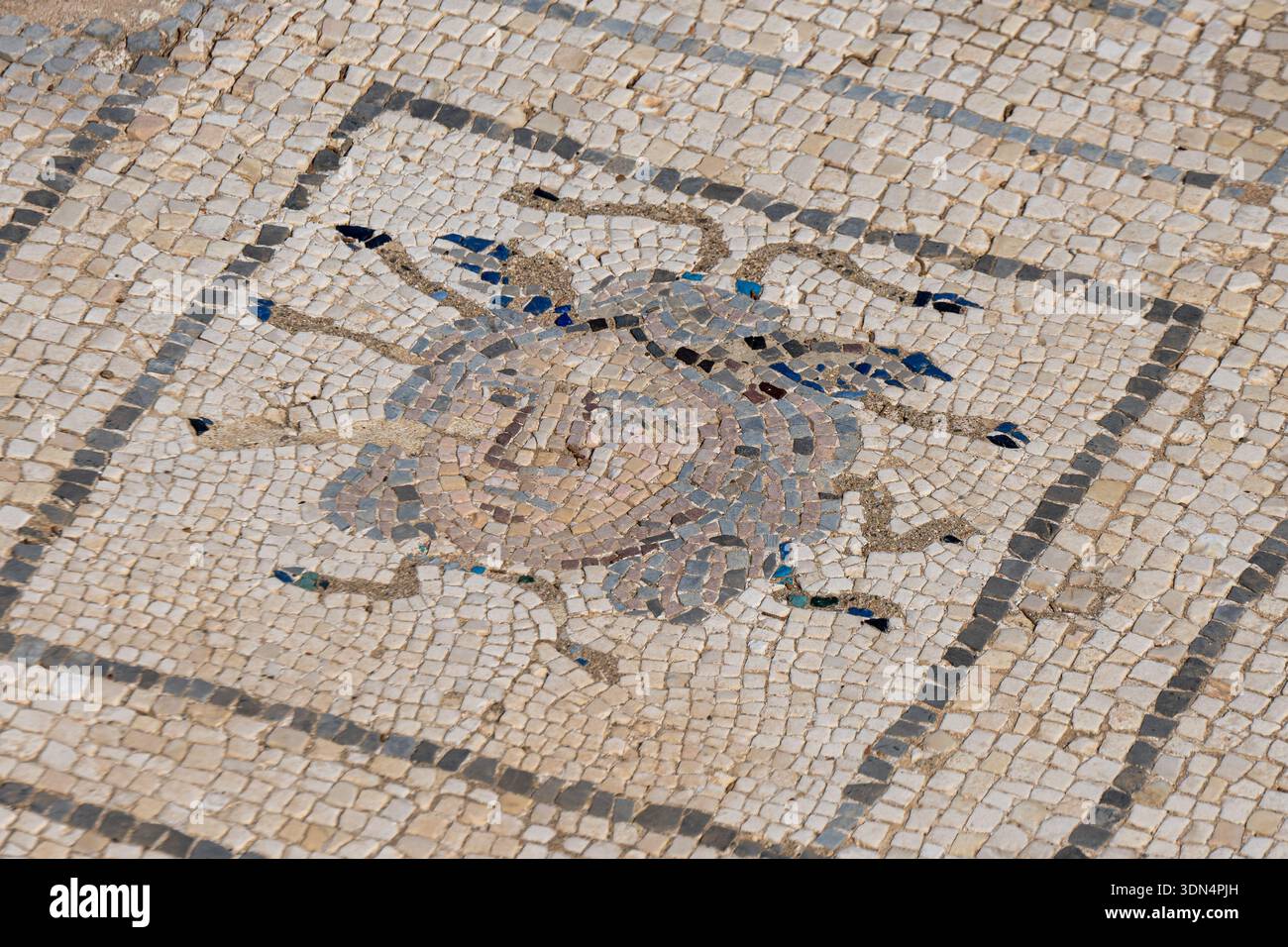 Vista dettagliata di un mosaico romano con la testa mitologica di Medusa all'interno di una cornice geometrica. Foto Stock