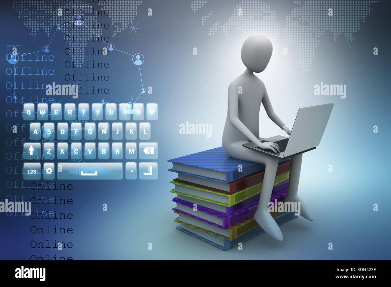 3d uomo seduto su libri e lavorando al suo computer portatile Foto Stock