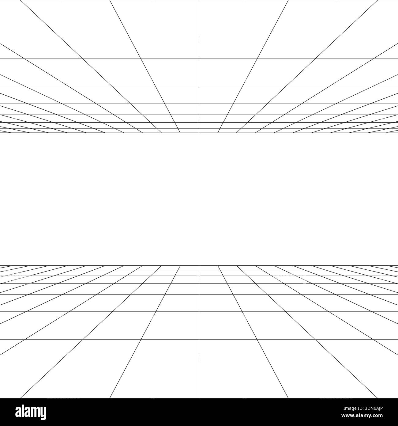 Orizzonte bianco tra pavimento a rete e soffitto nel mondo digitale. Spostamento della struttura energetica della griglia delle linee sottili. Semplice ba vettoriale dinamica in bianco e nero Illustrazione Vettoriale